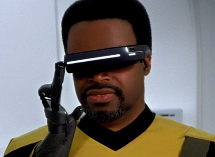 Prompt: geordi la forge wearing a vr headset, action shot, star trek the next generation