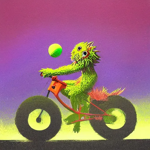 Image similar to a tennis ball monster, tennis ball, dark, chalky, riding a bike, digital art, fantasy, magic, trending on artstation, ultra detailed, professional illustration by Basil Gogos