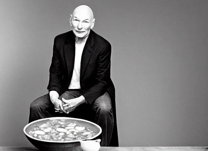 Image similar to patrick stewart sitting in a big bowl of vegetable stew