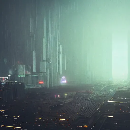 Image similar to gigantic shiny pyramid in the distance, brutalist, blade runner, sci fi, stunning detail, cityscape, cyberpunk, wet street, 8k, cinematic lighting, ultra realistic, colorful, neon, octane rendered,