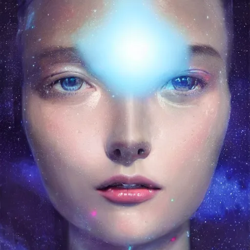 Prompt: 3 d, sci - fi, close - up, night, smiling fashion model face, moon rays, cinematic, clouds, sun rays, vogue cover style, poster art, blue mood, realistic painting, intricate oil painting, high detail illustration, figurative art, multiple exposure, poster art, 3 d, by tooth wu and wlop and beeple and greg rutkowski