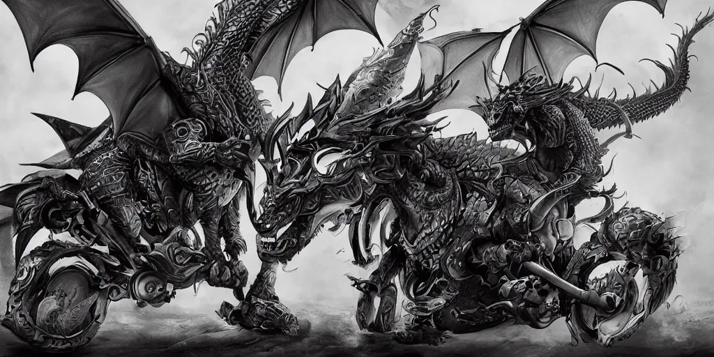 Image similar to dragon motorcycle, black and white, trending on artstation