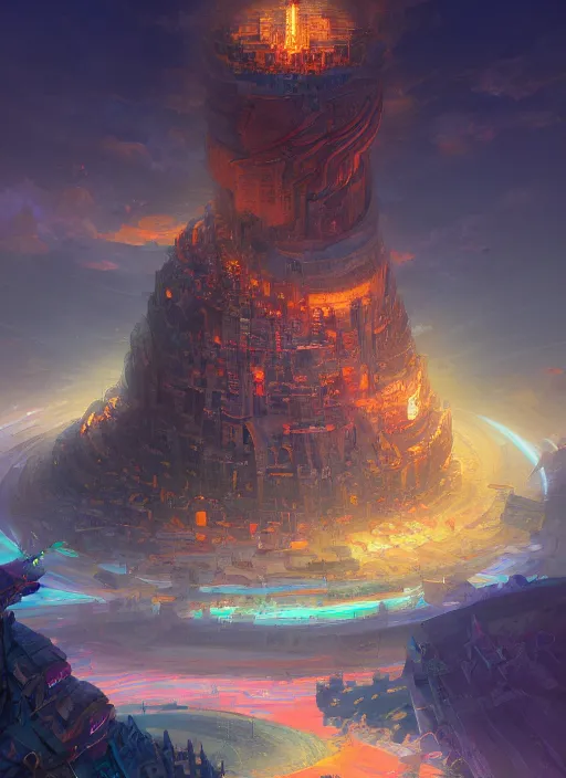 Prompt: circular city with a tower of babel in the center reaching into the pitchblack sky, extremly detailed digital painting, vibrant colors, in the style of andreas rocha and noah bradley and tyler edlin and peter mohrbacher, mystical colors, rim light, beautiful lighting, 8 k, stunning scene, raytracing, octane, trending on artstation