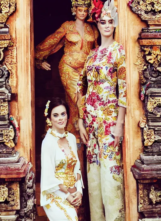 Prompt: portrait of elizabeth hurley and katy perry wearing kebaya in bali temple, by charlotte grimm, natural light, detailed face, beautiful features, symmetrical, canon eos c 3 0 0, ƒ 1. 8, 3 5 mm, 8 k, medium - format print, half body shot