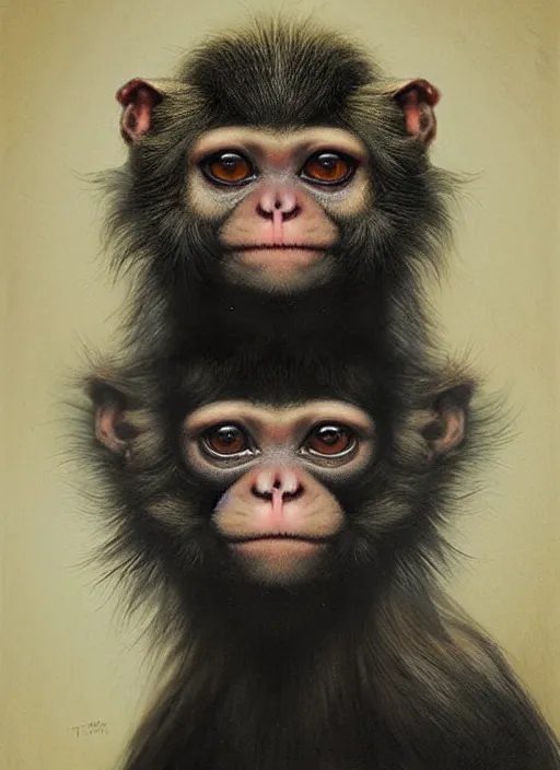 Prompt: an unnerving portrait of a marmoset monkey with pitch black eyes and short blond hair, art tom bagshaw