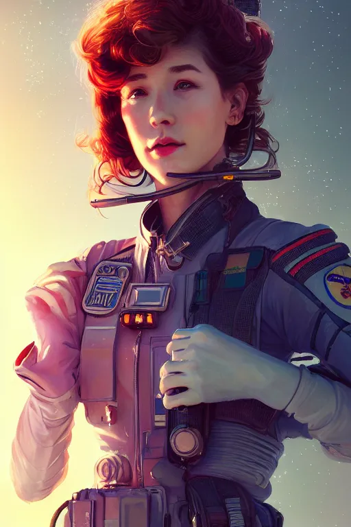 Prompt: portrait futuristic Airforce pilot Girl, in future airport rooftop , ssci-fi, fantasy, intricate, very very beautiful, elegant, human anatomy, neon light, highly detailed, digital painting, artstation, concept art, smooth, sharp focus, illustration, art by tian zi and WLOP and alphonse mucha