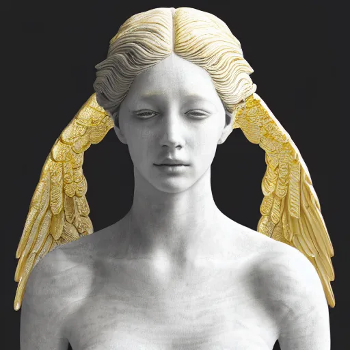 Image similar to a statue made of white marble with gold veins, of an beautiful gorgeous angel girl with huge wings, full body shot, perfect symmetrical body, perfect symmetrical face, no eyes, hyper realistic, hyper detailed, fujicolor superia 1 6 0 0 photo, by peter kemp, by monia merlo, by michelangelo octane render, blender, 8 k