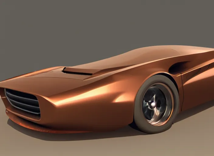 Prompt: combine some random sport car with a classic muscle car with copper paint, in a workshop, concept art style by pablo carpio. global illumination ray tracing render. full view.