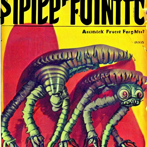 Image similar to cover of pulp science fiction magazine from 1950s showing attack of bug eyed monsters