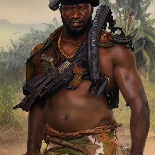 Image similar to hyperrealistic nigerian warlord, scared upper body and intimidating face, jungle setting with guerilla pickup trucks being present in the background, art by artgerm and greg rutkowski and alphonse mucha