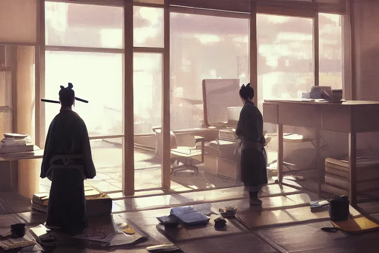 Image similar to japanese samurai working in a modern day office, late afternoon by tsviatko kinchev, makoto shinkai, linda wilder, cedric peyravernay, oil painting, ultra detailed