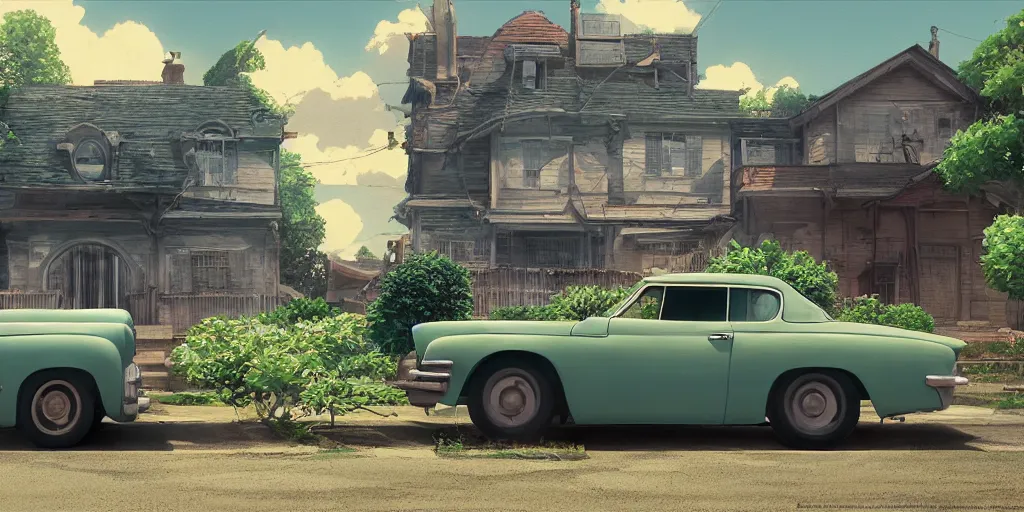 Prompt: old car parked in front of an old house, medium shot, studio Ghibli, Pixar and Disney animation, sharp, very detailed, high resolution, Rendered in Unreal Engine 5, anime key art by Greg Rutkowski, Bloom, dramatic lighting