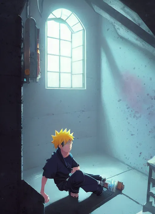 Prompt: highly detailed prison cell with naruto uzumaki with black hair, hitting a wall, art by greg rutkowski, loish, rhads, ferdinand knab, makoto shinkai and lois van baarle, ilya kuvshinov, rossdraws, tom bagshaw, global illumination, radiant light, detailed and intricate environment