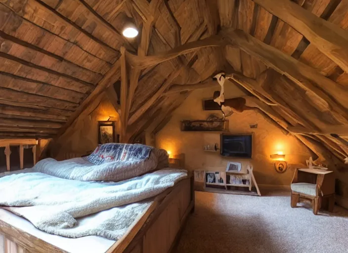 Prompt: cozy bedroom with vaulted ceilings, nighttime, warm lighting, books, cat on bed, tea