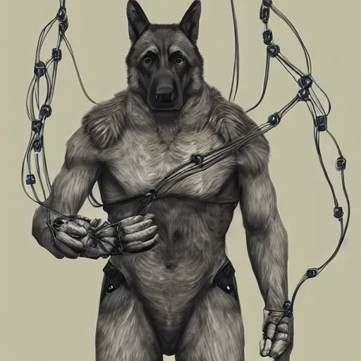 Image similar to a wounded humanoid german shepherd beast - man in military style, his hands are covered with wires, sitting on the bed, highly detailed portrait, digital painting, artstation, concept art, smooth, sharp foccus ilustration, artstation