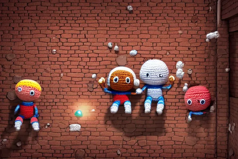 Image similar to an expedition of crochet cute astronauts discovering a hole of a brick wall. cute, illustration, digital art, inspired by little big planet, by greg rutkowski, detailed, sharp, masterpiece, highly detailed, photorealistic, octane render, 8 k, unreal engine 5, trending on artstation, vivid colors