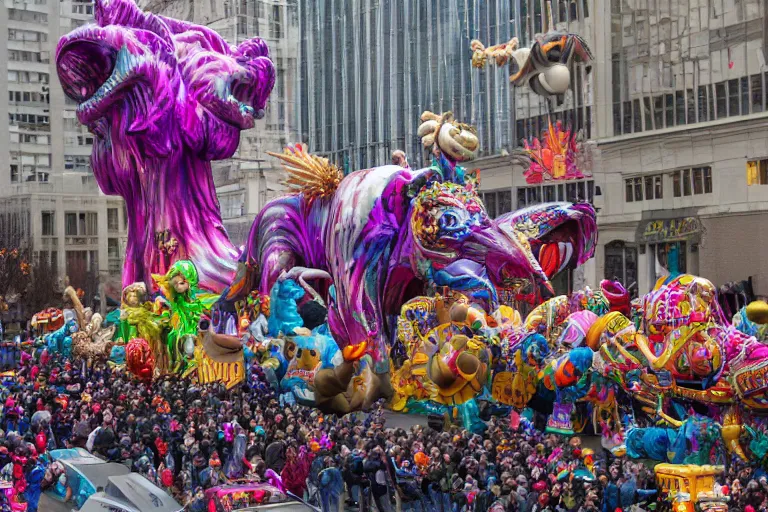 Prompt: photo of giant parade float designed by lisa frank and hr giger in the macys thanksgiving parade, detailed 4 k photo