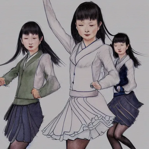 Prompt: a perfect, realistic professional digital sketch of a Japanese schoolgirls dancing, style of Marvel, full length, by pen and watercolor, by a professional American senior artist on ArtStation, a high-quality hollywood-style sketch, on high-quality paper