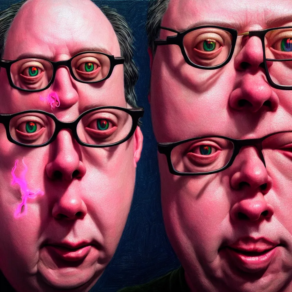 Prompt: bright realistic todd solondz turning into bill hicks, diffuse lighting, fantasy, intricate, elegant, highly detailed, lifelike, photorealistic, digital painting, artstation, illustration, concept art, smooth, sharp focus, art by francis bacon