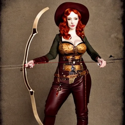 Image similar to full body photo of christina hendricks as a steampunk archer,