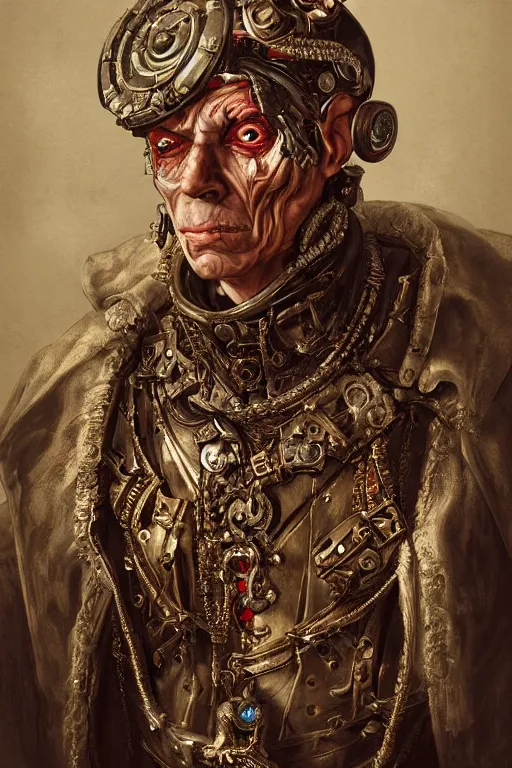Prompt: portrait, headshot, digital painting, of a old 17th century cyborg merchant, ruby jewels, baroque, ornate clothing, realistic, hyperdetailed, chiaroscuro, concept art, art by Franz Hals