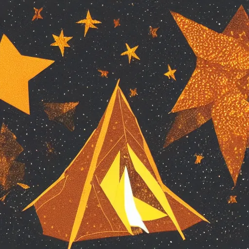 Prompt: a comfy crackling campfire in front of a very dark background of yellow illustrated stars, astrophotography, warm muted colors, cut paper collage with photograph and illustration