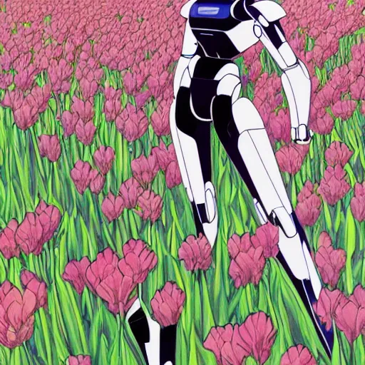 Image similar to a beautiful painting of a sleek humanoid mecha in a field of flowers by hiroshi nagai and hirohiko araki, detailed line art