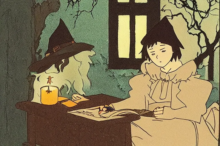 Image similar to a young witch writing in her spellbook halloween, over the shoulder angle, studio ghibli, warm, earthy tones, lit by candlelight, mucha