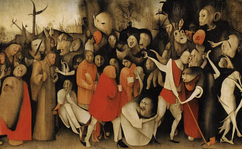 Prompt: a hieronymus bosch painting of a frightened young man in a street surrounded by people without eyes and crt television s 1 5 0