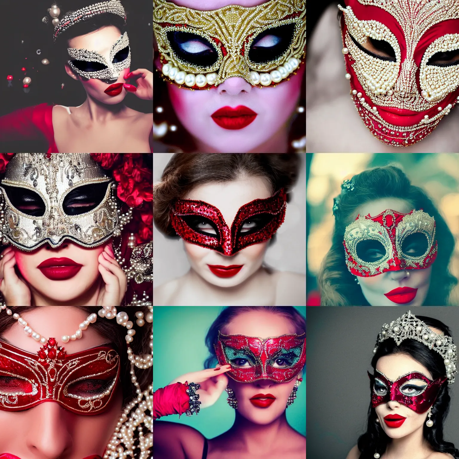 Prompt: a close up of a woman wearing a masquerade with pearls on it's face and a red lipstick in front of a blurry background, a colorized photo by tahir salahov, pixabay contest winner, rococo, movie still, anaglyph filter, fantasy