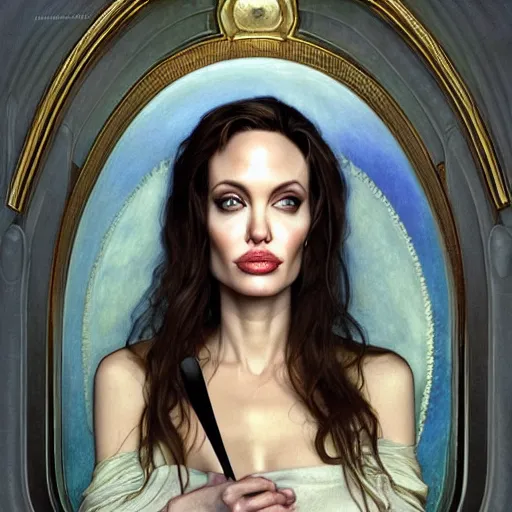 Prompt: Portrait of angelina jolie wearing fork, drawn by Donato Giancola and Tom Bagshaw, face by Artgerm, overall design by Alphonse Mucha, fork background by James Jean and Gustav Klimt, light by Julie Bell, 4k, porcelain skin, komorebi, french nouveau, trending on artstation, octane render, hyperrealistic