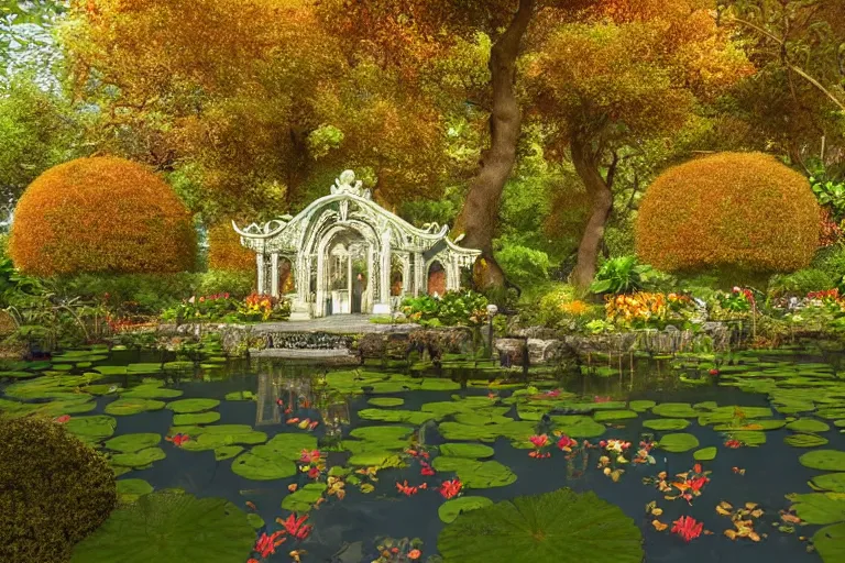 Prompt: A lovely overgrown temple in a pond full of lily pads with autumn!!! trees overhead and blue aberrant skies, trending on artstation, 4k, 8k, 3D!!! still!!! illustrated and reimagined by Max Hay, yellow dappled lighting, eye-level view!!, artstation 3d, artstation render, artstation 3d render, 3d art, unreal engine 3d, octane 3d, blender 3d, 3d landscape, photorealistic imagery, photorealistic details, intricate, highly detailed, fisheye!!!! view!!!!, lens distortion!!!!, chromatic!!!! aberration!!!!