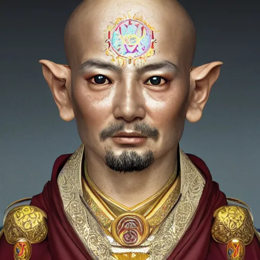 Image similar to centered detailed portrait and body of a tibetan saint, realistic character concept, identical eyes, gazing eyes, elegant pose, fantasy, illustration, slender symmetrical face and body, artstation, cinematic lighting, hyperdetailed, cgsociety, 8 k, tom richmond, single face, octane render, golden ratio, postprocessing, cartoon