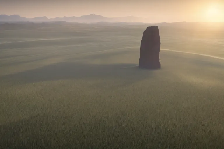 Prompt: a cinematic photograph of a enormous monolith in the middle of a vast serene landscape, rivers and fields run through the landscape and the sun rises over the hilltops, hyper realistic, unreal engine 5, by beeple