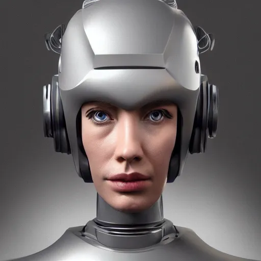Image similar to an amazing robot-helmet, robotic head-bust portrait, of a sci-fi, human robot hybrid with weaponized systems built into the 3d helmet, cgi, zbrush, blender, octane render
