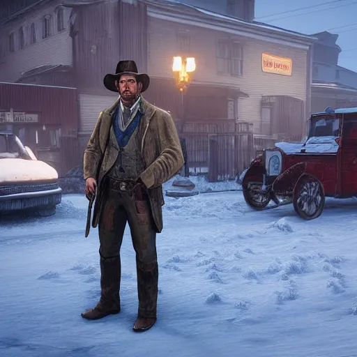 Image similar to arthur from rdr 2 in russia reality nowadays at tolyatti sportivnaia street, cars, snow, buildings photorealism
