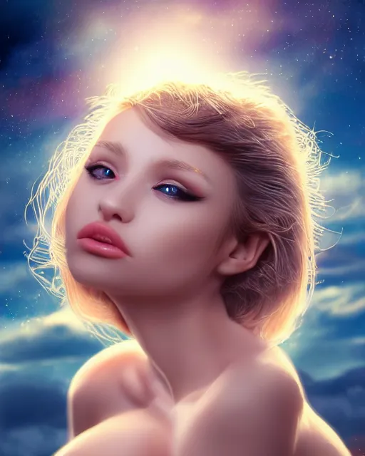Image similar to a kitten on a rocket, photo, ultra detail, photoreal, professionally retouched, soft moonlight lighting, shiny plastic bikini, realistic, smooth face, goddess, luscious lips, perfect eyes, wide angle, sharp focus on eyes, 8 k high definition, insanely detailed, intricate, elegant, art by artgerm and wlop