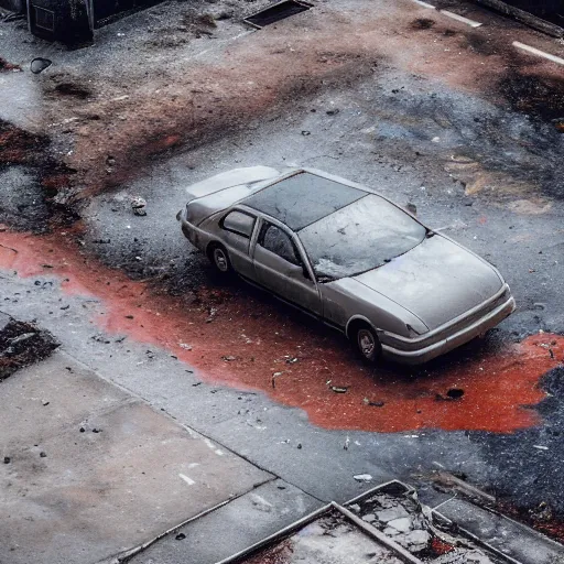 Image similar to hyperrealistic detailed, aerial photography, a number of car, dust, humus, wet street, graffiti on wall, trash scattered everywhere, abandoned car garage, 8 k, uhd, after rain, cinematic lighting, incrinate, wet after rain