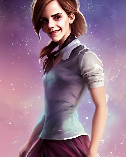 Image similar to beautiful full body Emma Watson smiling, art by Annegret Soltau, lois van baarle and loish and ross tran and rossdraws and sam yang and samdoesarts and artgerm, digital art, highly detailed, intricate, sharp focus, Trending on Artstation HQ, deviantart, unreal engine 5, 4K UHD image, 3D unreal 5, DAZ, hyperrealistic, octane render, cgsociety, Photolab, Lightroom, 4K, Dolby Vision, Photography Award, Irving Penn