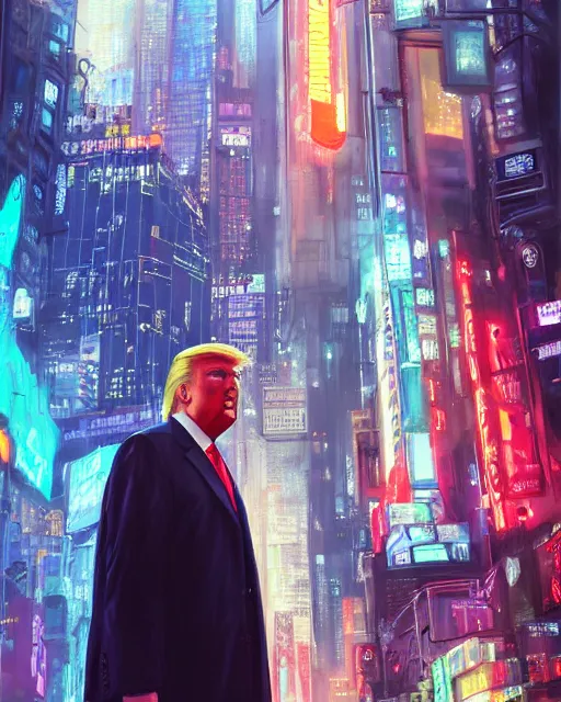 Image similar to donald trump posing in front of the nyse, cyberpunk atmosphere, neon lights, portrait, illustration, rim light, top light, perfectly shaded, spring time, slight overcast lighting, soft painting, art by krenz cushart and wenjun lin