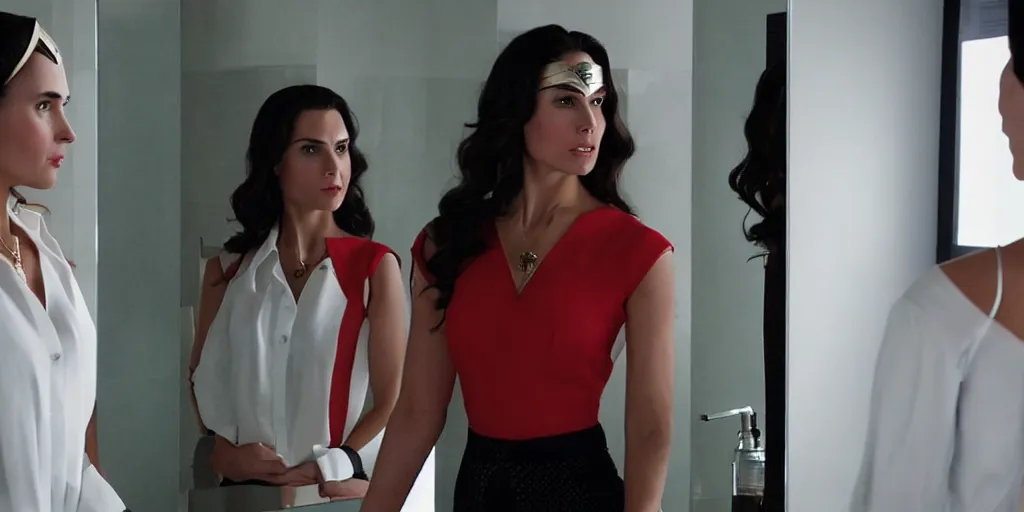 Image similar to ultra wide angle photo of torrey devito dressed in a white blouse and black dress pants as diana prince looking at herself in a bathroom mirror and seeing her reflection as wonder woman