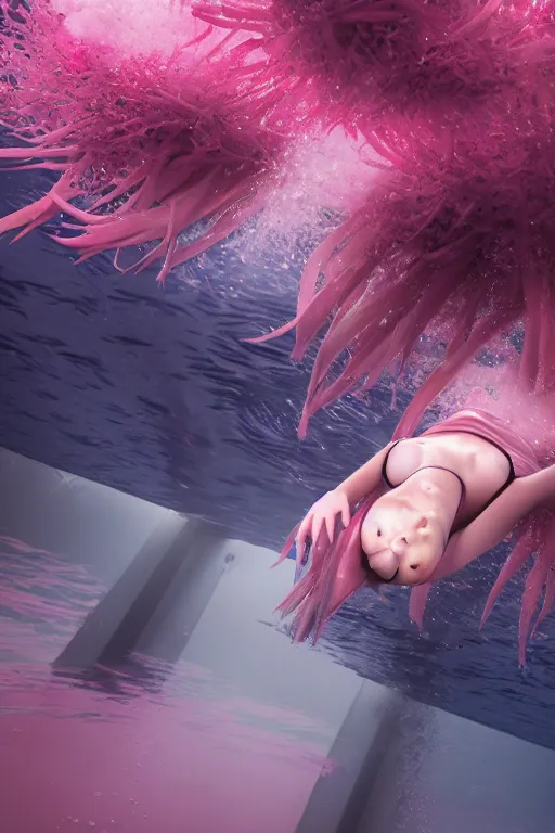 Image similar to 3d realistic dramatic infrared photo of two anime schoolgirls with a realistic face falling down from huge japanese bridge in a dark subway station under water in Japan. Close-up portrait. There are pink palm trees and translucent glow jellyfish flying around. Volumetric composition. Pastel colors in the style of Hiro Kiyohara, redshift, octane, trend artstation, cinematic, hyper realism, high detail, 8k