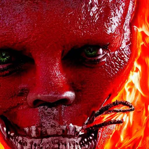 Prompt: a devilish red monster with horns licking hot lava emerging from boiling rough fiery lava seas, close - up portrait photo by david lachapelle, masterpiece, trending on flickr