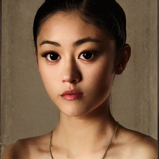 Image similar to a masterpiece portrait photo of a beautiful young woman who looks like an asian brittany murphy, symmetrical face