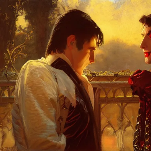 Image similar to attractive male, arthur pendragon confesses his love to attractive male dracula the vampire. highly detailed painting by gaston bussiere, craig mullins, j. c. leyendecker 8 k