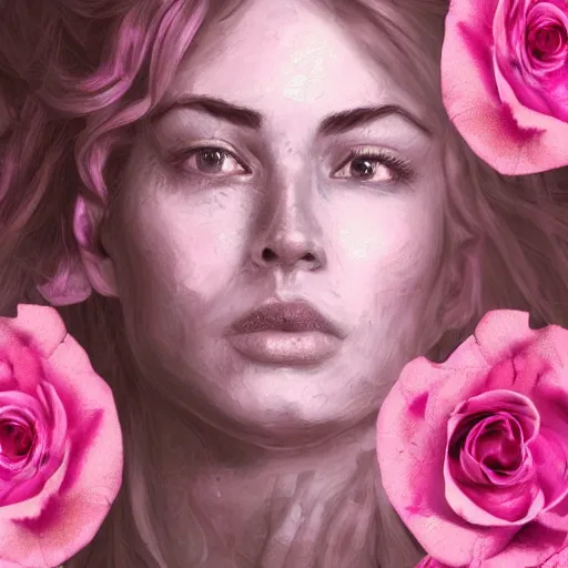 Image similar to a large pink rose with a beautiful womans face coming from the middle of it, highly detailed, 8k, artstation, cursed