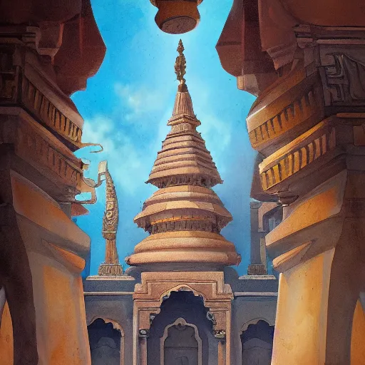 Image similar to hindu influenced architecural painting of a hidden city with a huge statue in the middle, artstation