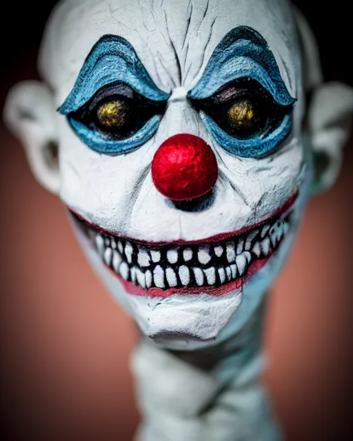 Prompt: a creepy paper mache doll of a scary clown, realistic, very detailed, complex, intricate, studio lighting, bokeh, sigma 5 0 mm f 1. 4