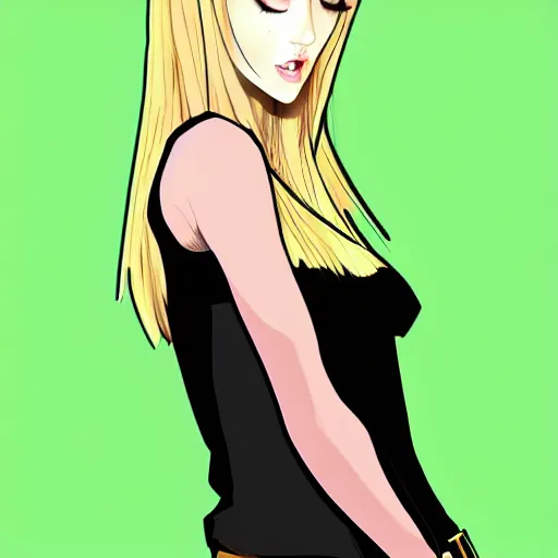 Image similar to long shot of blonde girl in black top, and with green eyes, digital art, trending on artstation