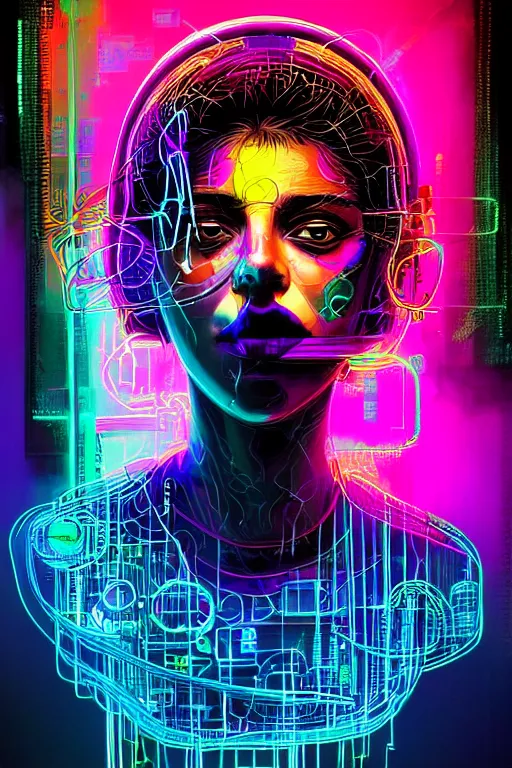 Image similar to dreamy cyberpunk girl, abstract smoke neon, digital nodes, computer network, beautiful woman, detailed acrylic, grunge, intricate complexity, by dan mumford and by alberto giacometti, jean - michel basquiat